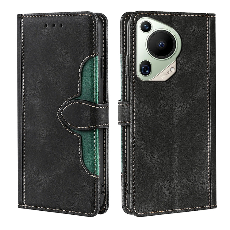 Black leather phone case with magnetic buckle and camera cutout, front and back views