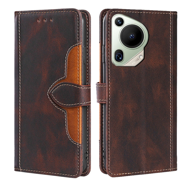 Brown leather phone case with magnetic buckle and camera cutout, front and back views