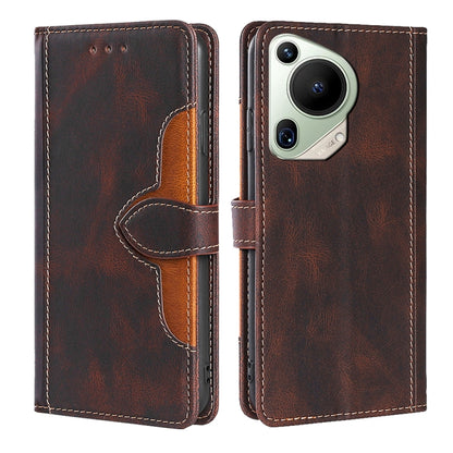 Brown leather phone case with magnetic buckle and camera cutout, front and back views