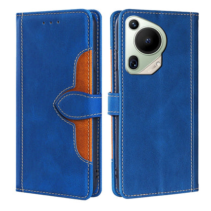 Blue leather magnetic buckle folio phone case with stitched flap and card slots