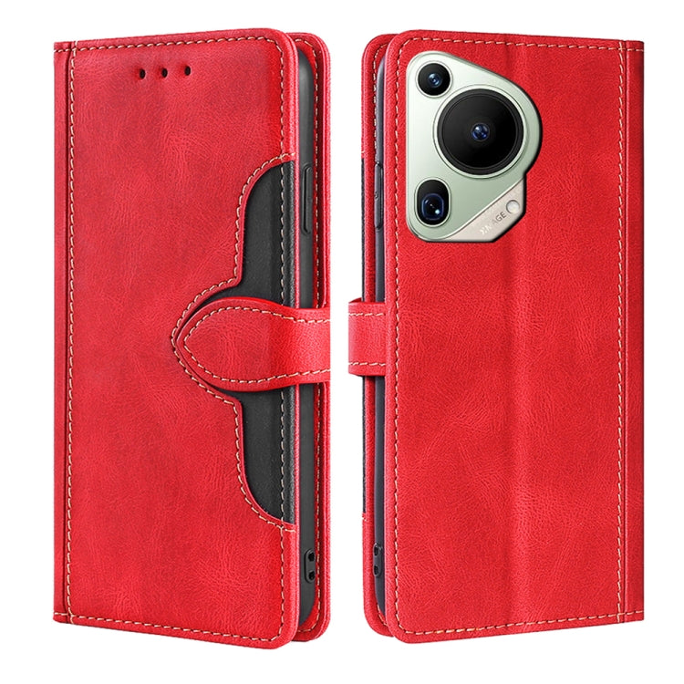 Red leather magnetic buckle folio phone case with stitched flap and card slots
