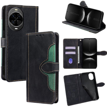Black leather phone case with magnetic buckle, card slots, and folding stand flap