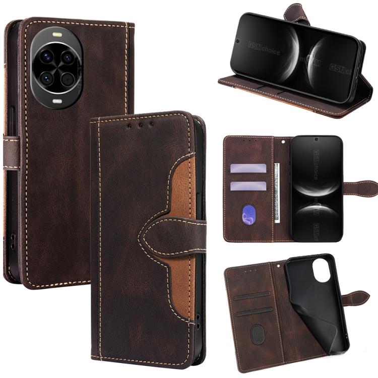 Brown leather phone case with magnetic buckle, card slots, and folding stand flap