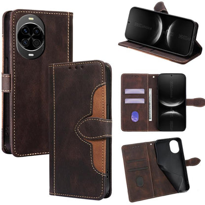 Brown leather phone case with magnetic buckle, card slots, and folding stand flap