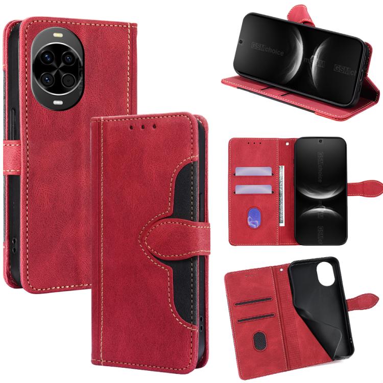 Red leather phone case with magnetic buckle, card slots, and folding stand flap