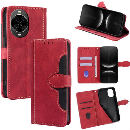 Red leather phone case with magnetic buckle, card slots, and folding stand flap