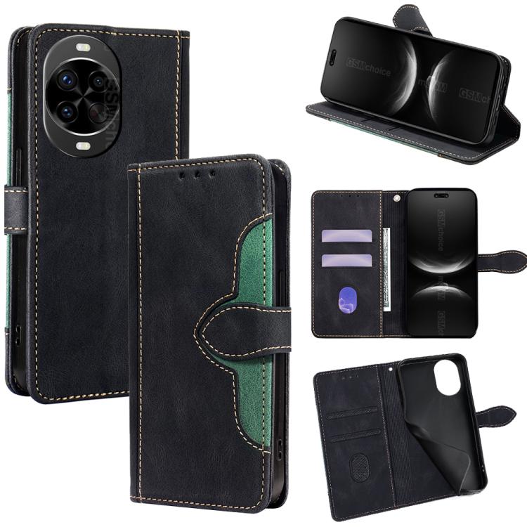 Black leather folio phone case with magnetic buckle; card slots and kickstand view