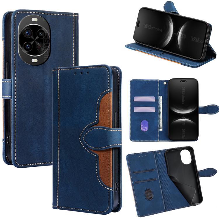 Blue leather folio phone case with magnetic buckle; card slots and kickstand view