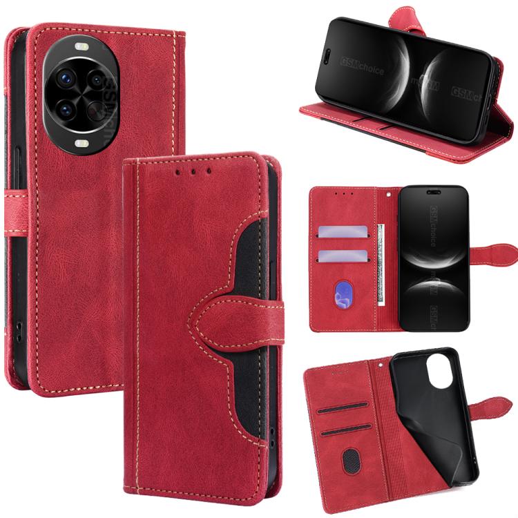 Red leather folio phone case with magnetic buckle; card slots and kickstand view