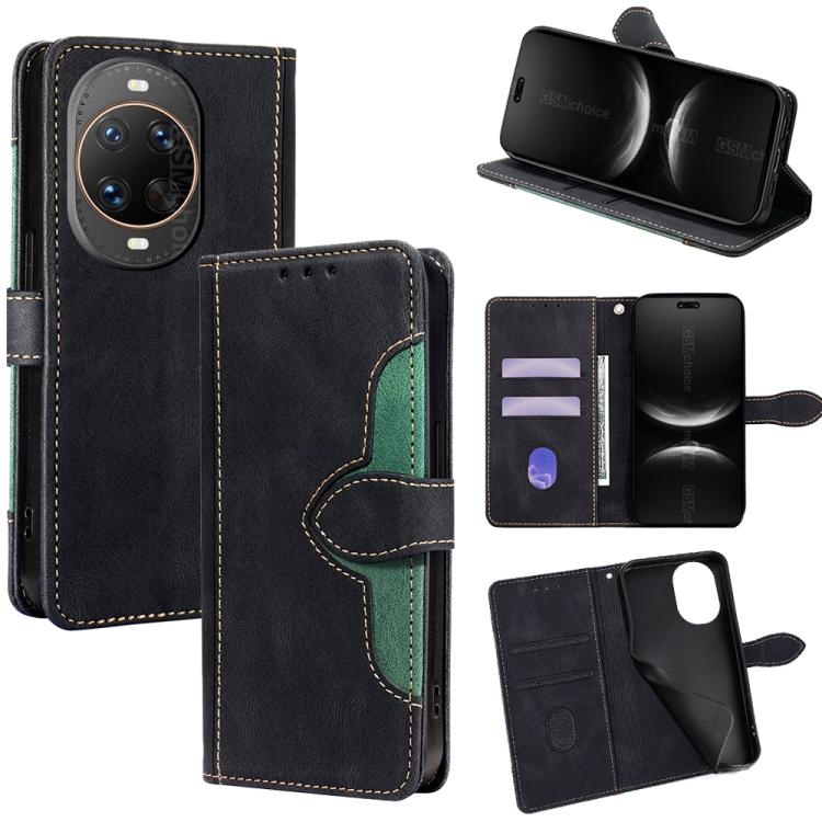 Black leather folio phone case with magnetic buckle; card slots and kickstand view