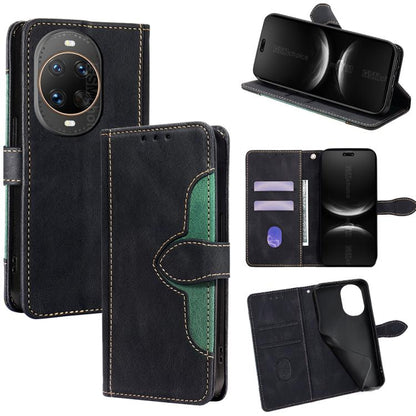 Black leather folio phone case with magnetic buckle; card slots and kickstand view