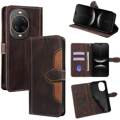 Brown leather folio phone case with magnetic buckle; card slots and kickstand view