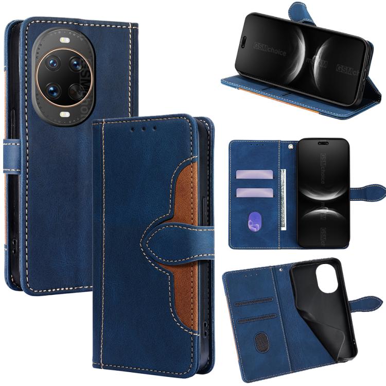 Blue leather folio phone case with magnetic buckle; card slots and kickstand view
