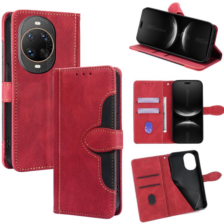 Red leather folio phone case with magnetic buckle; card slots and kickstand view