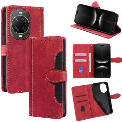 Red leather folio phone case with magnetic buckle; card slots and kickstand view