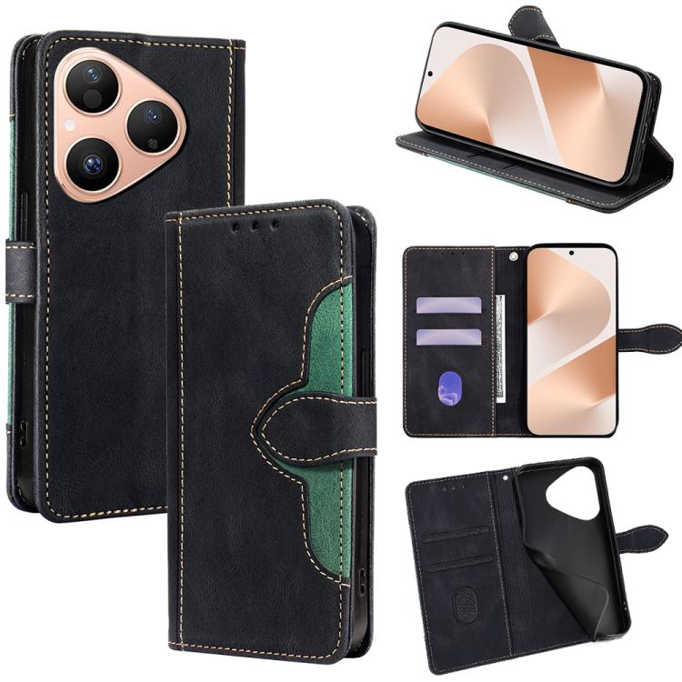 Magnetic leather wallet phone case, black leather with green stitching, card slots and stand