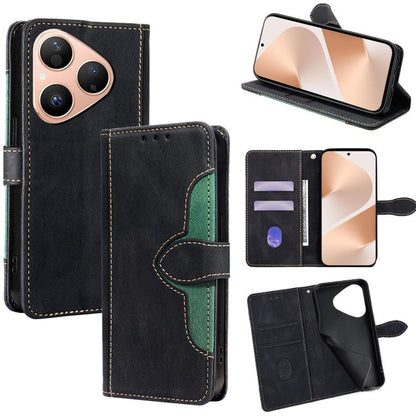 Magnetic leather wallet phone case, black leather with green stitching, card slots and stand