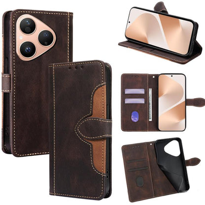 Magnetic leather wallet phone case, brown leather with tan stitching, card slots and stand