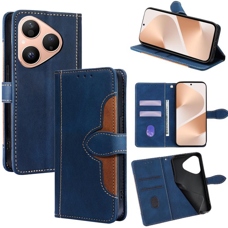 Blue leather folio phone case with magnetic buckle; card slots and kickstand view