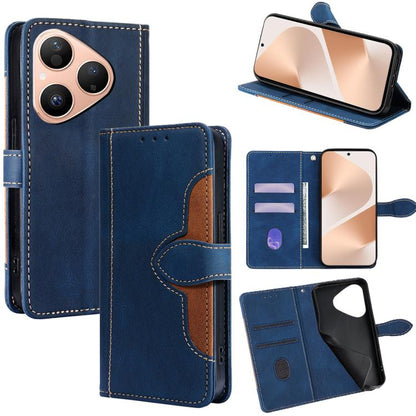 Blue leather folio phone case with magnetic buckle; card slots and kickstand view