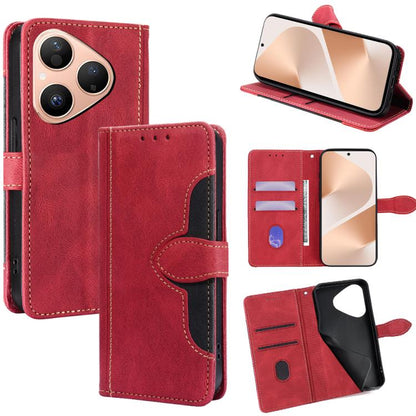 Red leather folio phone case with magnetic buckle; card slots and kickstand view