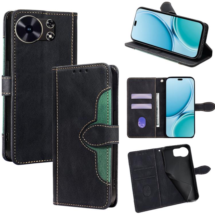 Magnetic leather wallet phone case, black leather with green stitching, card slots and stand