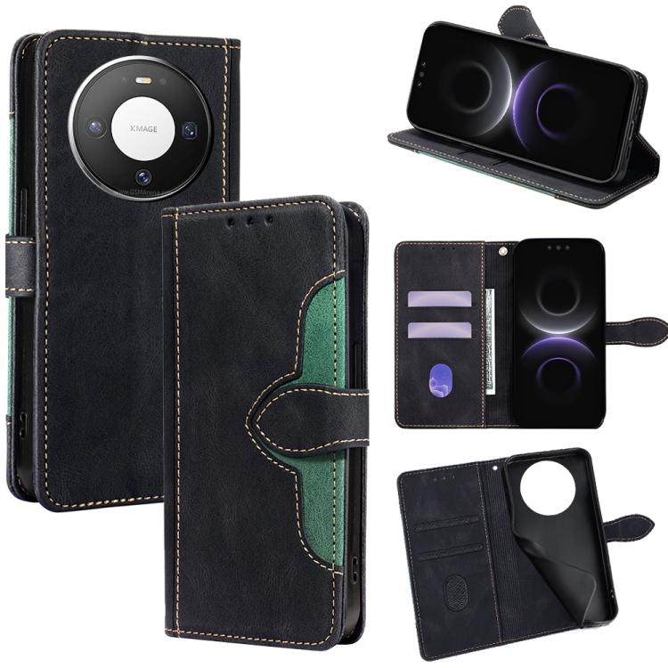 Magnetic leather wallet phone case, black with green stitching, card slots and stand