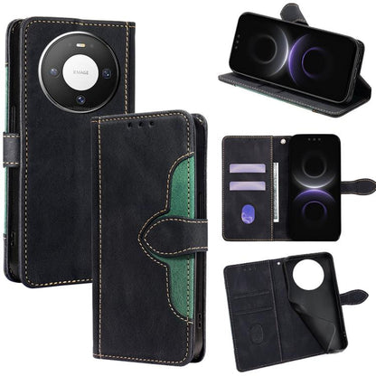 Magnetic leather wallet phone case, black with green stitching, card slots and stand
