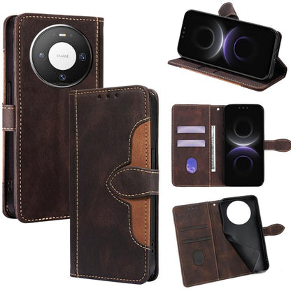 Magnetic leather wallet phone case, brown with tan stitching, card slots and stand