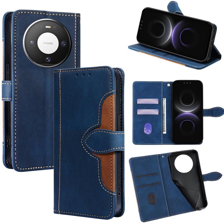 Magnetic leather wallet phone case, blue with tan stitching, card slots and stand