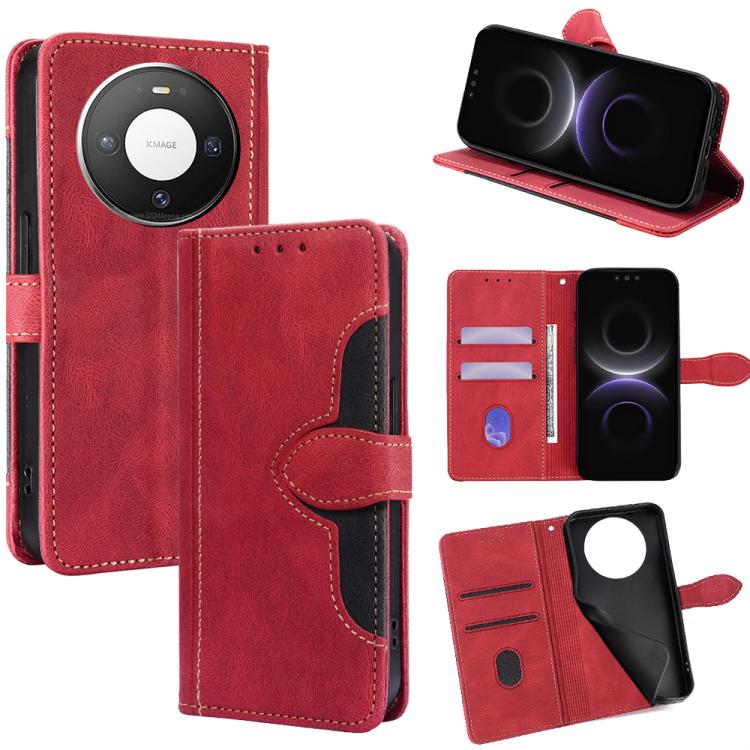 Magnetic leather wallet phone case, red with tan stitching, card slots and stand