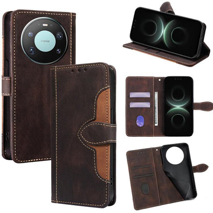 Brown leather magnetic buckle phone case with card slots and stand flip view