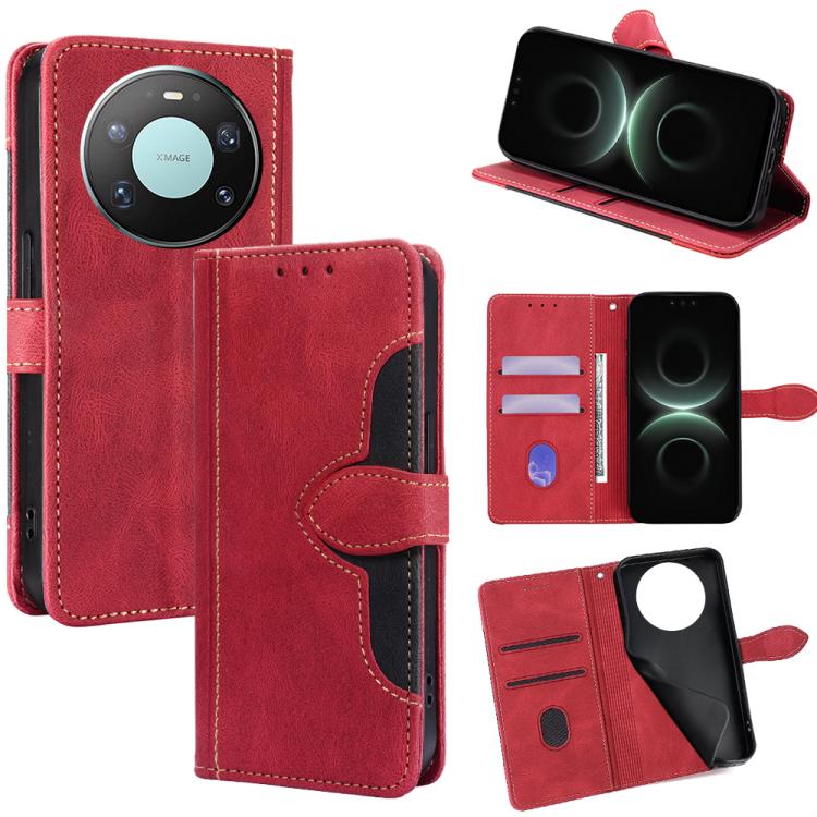 Red leather magnetic buckle phone case with card slots and wallet-style flap