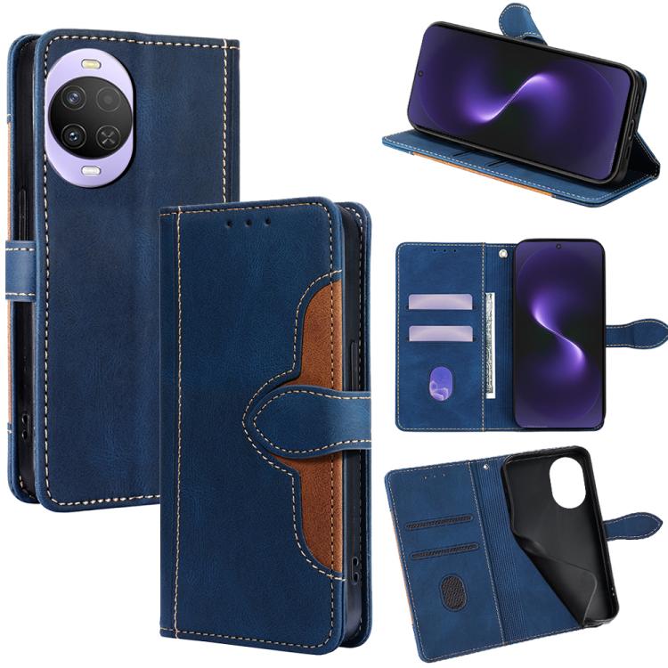 Blue leather magnetic buckle phone case with card slots and stand flip view