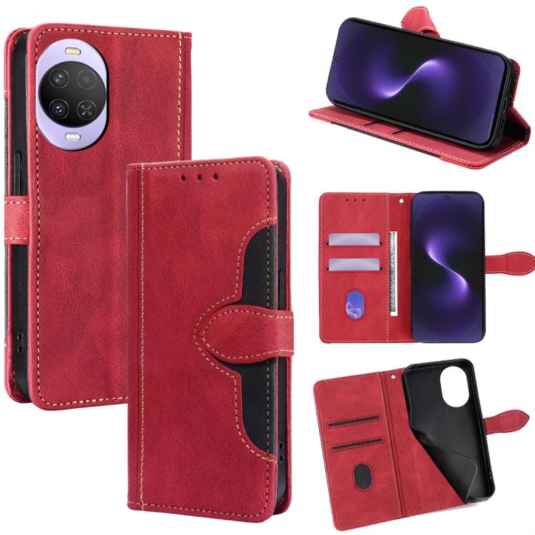 Red leather magnetic buckle phone case with card slots and stand flip view