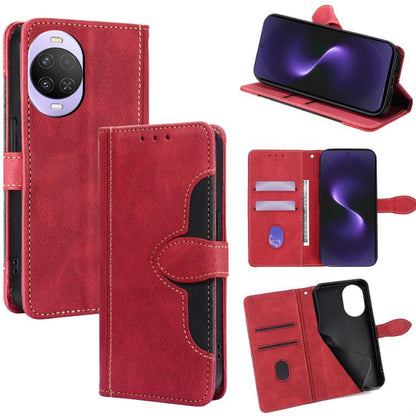 Red leather magnetic buckle phone case with card slots and stand flip view