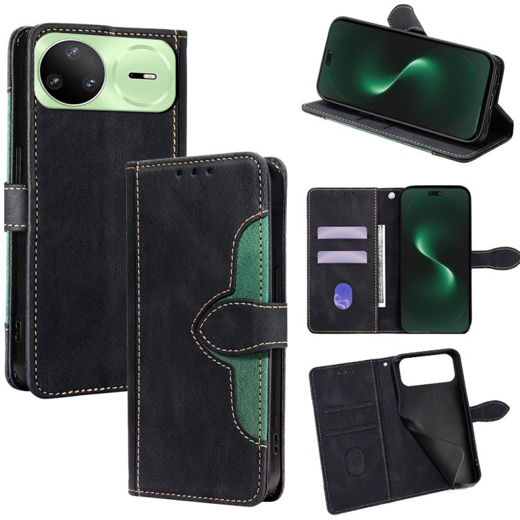 Magnetic leather phone case with wallet slots and flip cover, black with green stitched trim