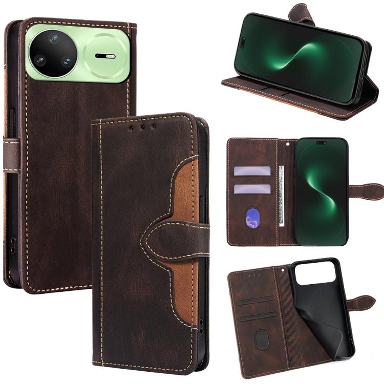 Magnetic leather phone case with wallet slots and flip cover, brown leather with tan stitched trim