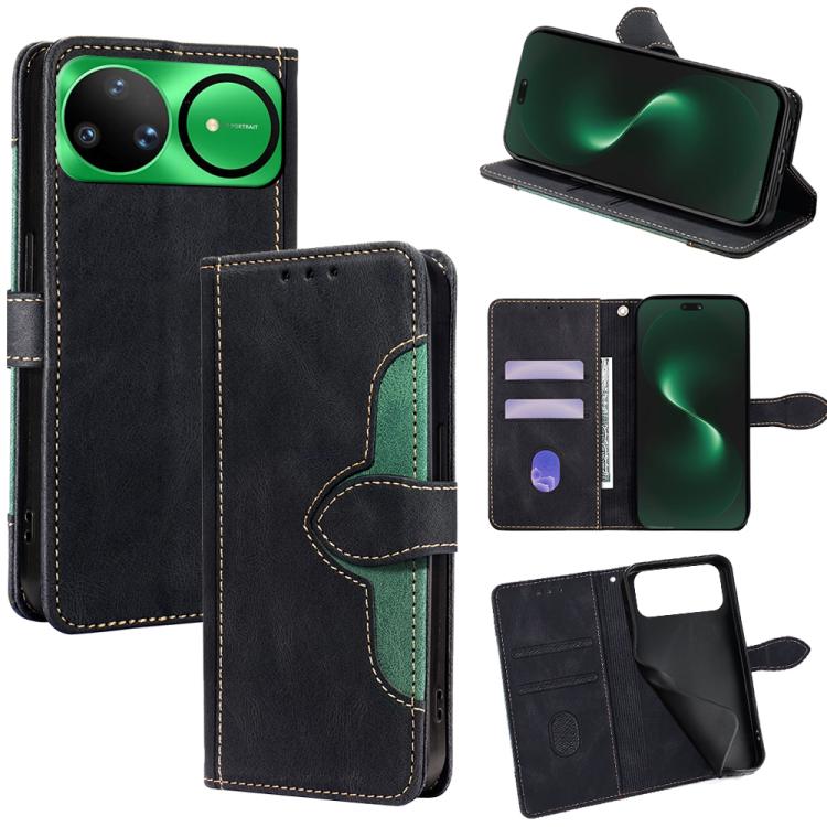 Magnetic leather phone case with wallet slots and flip cover, black with green accents