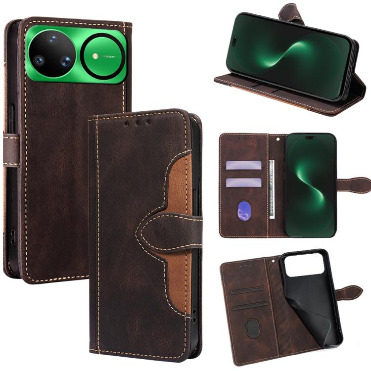 Magnetic leather phone case with wallet slots and flip cover, brown leather with tan stitching