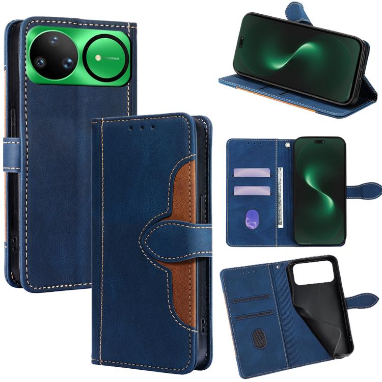 Magnetic leather phone case with wallet slots and flip cover, blue leather with light stitching