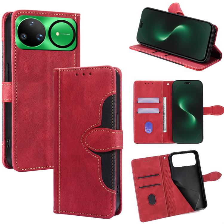 Magnetic leather phone case with wallet slots and flip cover, red leather with matching buckle