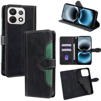 Magnetic leather phone case with wallet slots and flip cover, black with green stitching