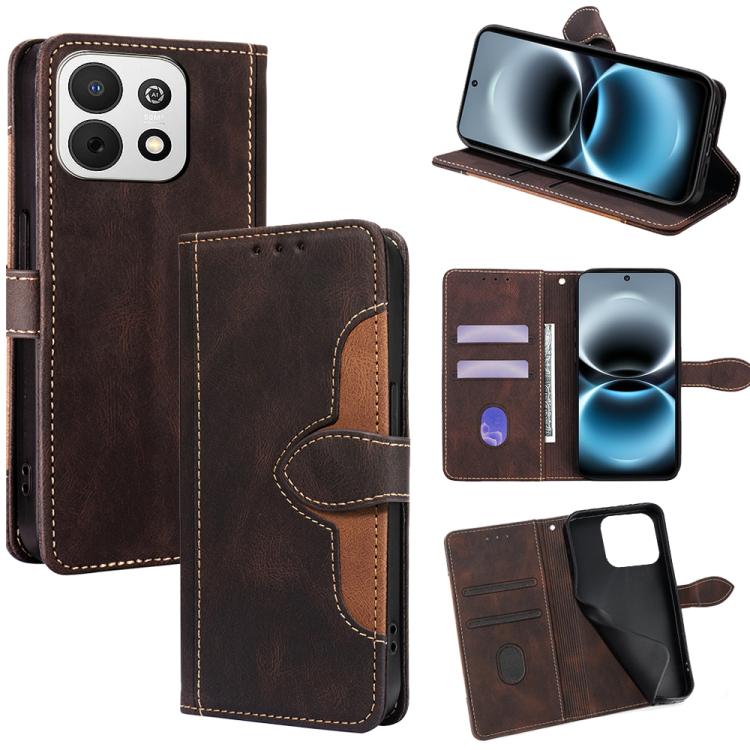 Magnetic leather phone case with wallet slots and flip cover, brown with tan stitching