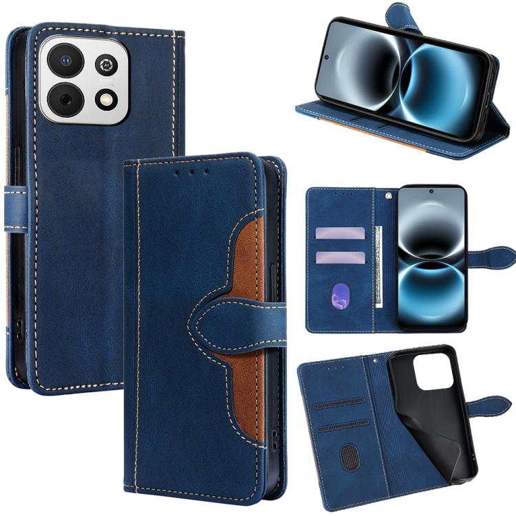 Magnetic leather phone case with wallet slots and flip cover, blue with light stitching