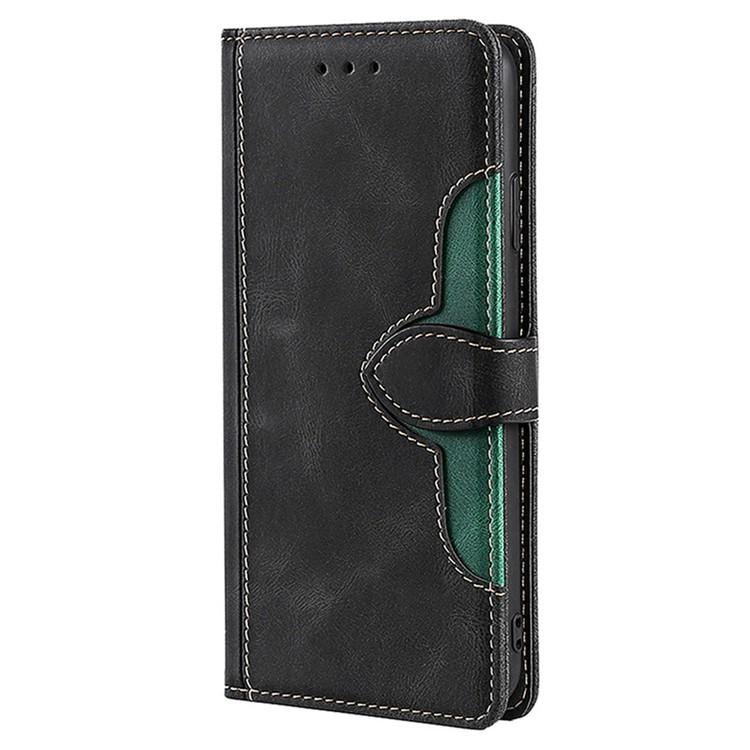 Black leather flip phone case with stitched edges and card-slot cutout on the inside panel