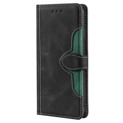 Black leather flip phone case with stitched edges and card-slot cutout on the inside panel