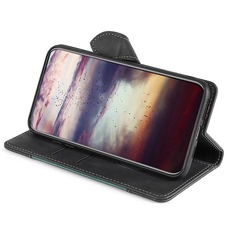 Black leather flip phone case with horizontal stand flap and stitched trim