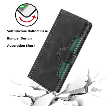 Black leather phone case with card holder flap, green stitched accents, and magnetic closure