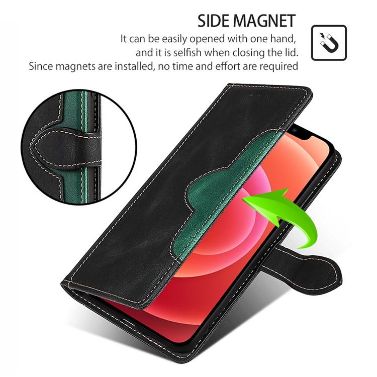 Black leather magnetic flip phone case with side strap and stitched green accent band